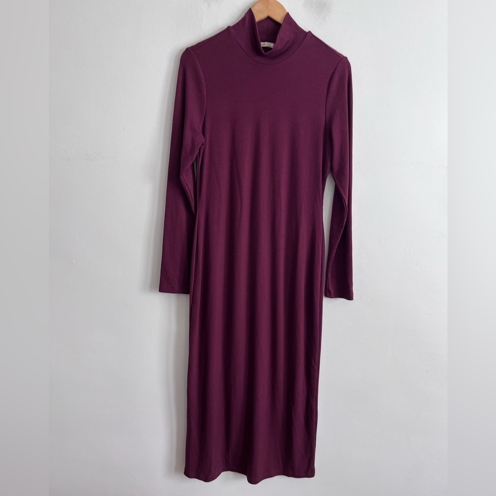 Marine layer Mock  Neck Maroon Lexi Ribbed Midi dress
